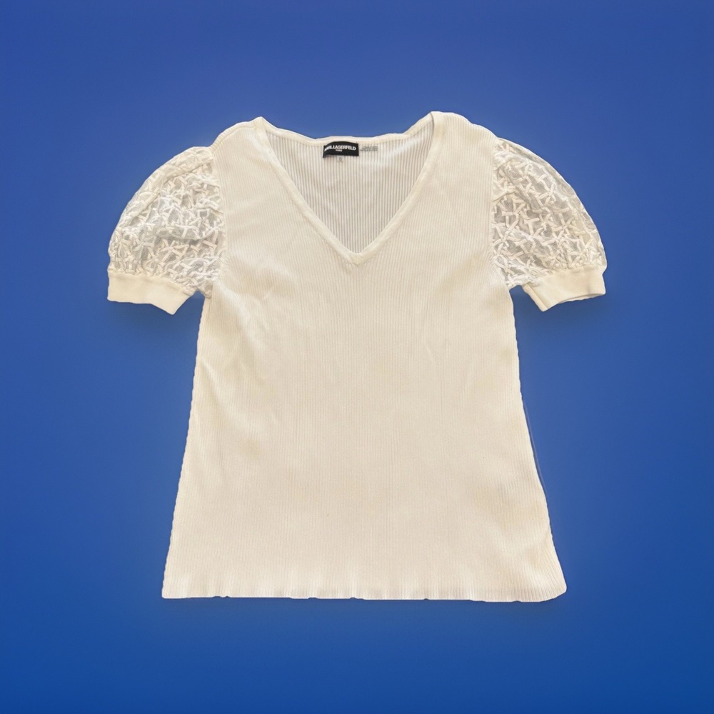 Karl Lagerfeld Paris Women's Blouse Size X-Large‎ White- Puff Sleeve W/ Initials